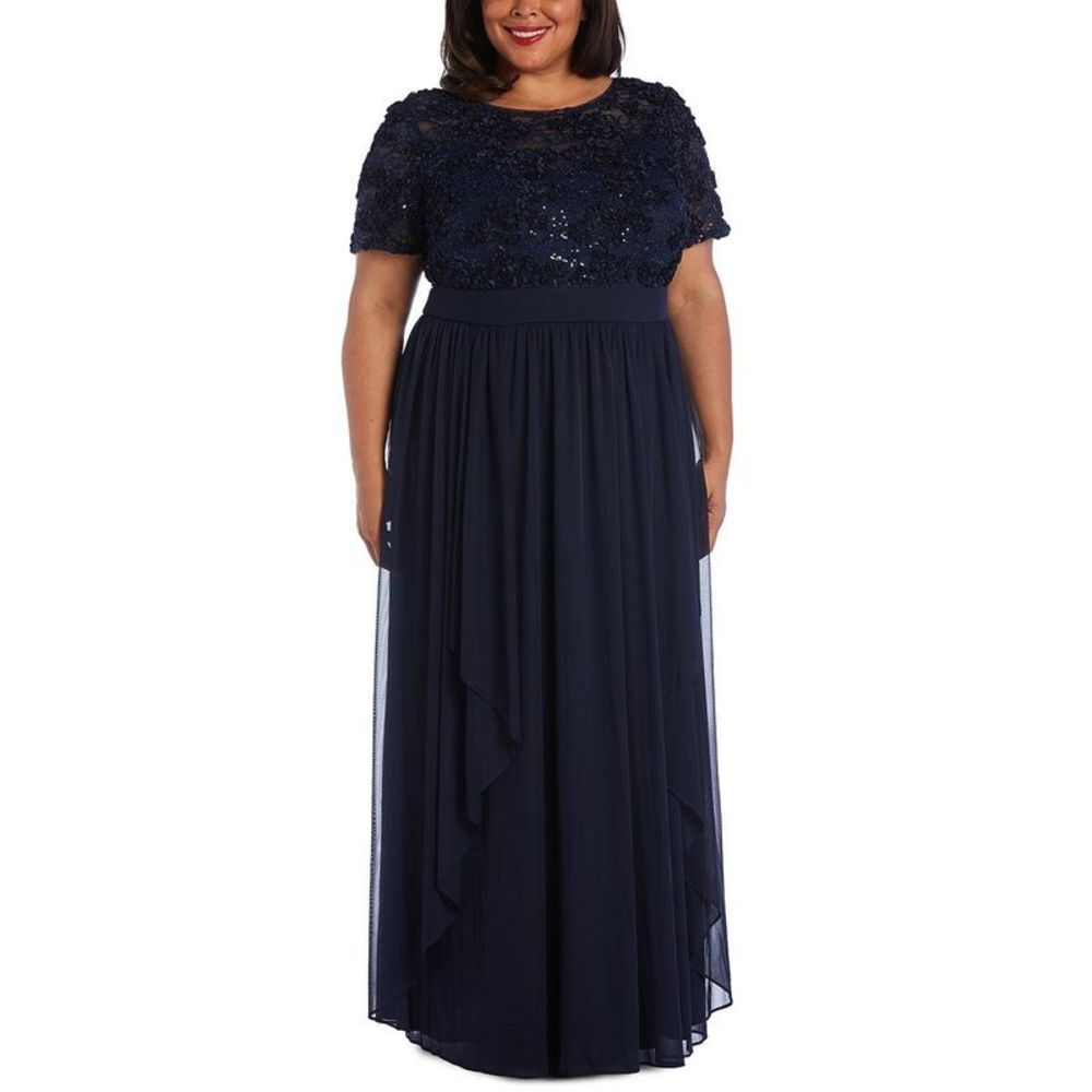 R&M Richards Womens Navy Sequined Full Length Evening Dress Gown Plus NWOT